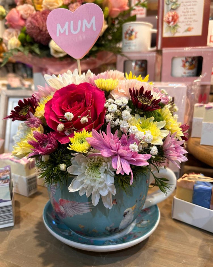 Mum Cup and Saucer Planter with Floral Arrangement